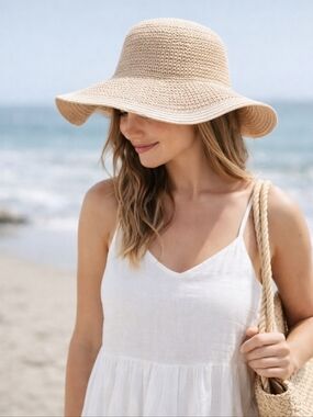 J.Crew Woven Straw Paper Hat Wide Brim Neutral Beige Summer Sun Hat